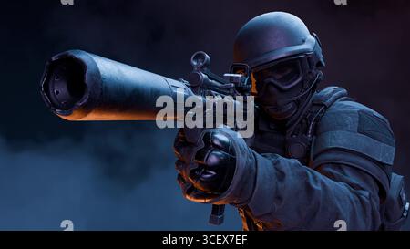 soldier ha una posizione tattica, puntando su un fucile di precisione dotato di silenziatore, che mostra un'espressione mirata e la prontezza all'azione in un Foto Stock