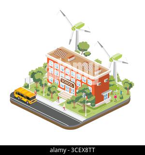 Edificio scolastico isometrico con pannelli solari e turbine eoliche isolate su sfondo bianco. Illustrazione vettoriale. Trees and Road. L'uomo va alla scuola Illustrazione Vettoriale