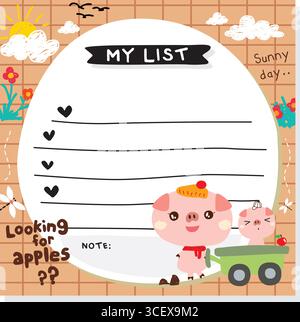 divertente set vettoriale maialino doodle e memo Illustrazione Vettoriale