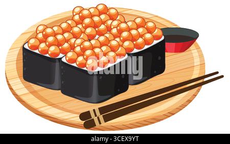 Illustrazione vettoriale di tre pezzi di sushi gunkan maki ricoperti di uova di salmone, serviti su un tavolo di legno rotondo con bacchette e salsa Illustrazione Vettoriale