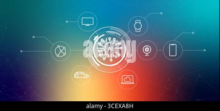 Internet delle cose IoT potenziato da dispositivi di intelligenza artificiale ai, tutti collegati da linee di dati case intelligenti dispositivi connessi alle città intelligenti e il futuro Illustrazione Vettoriale