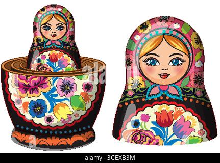 Illustrazione vettoriale di due bambole russe matryoshka, una aperta, con vivaci disegni floreali, contorni audaci e colori vivaci e contrastanti Illustrazione Vettoriale