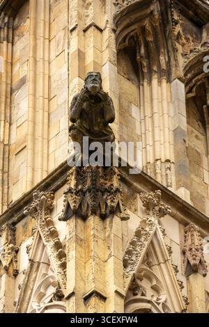 Primo piano di una figura in gargoyle scolpita sulla facciata gotica di una cattedrale storica Foto Stock