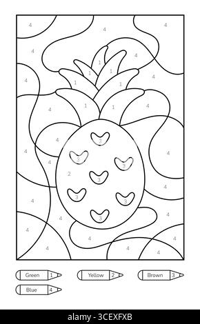 Colorare la pagina con l'immagine di un ananas per colorarla in base ai numeri Illustrazione Vettoriale