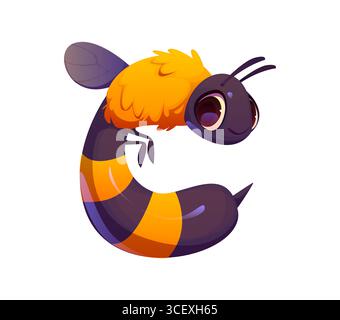 La lettera C del cartone animato ha la forma di un'ape, con un fuzz giallo arancione, corpo a righe, ali e antenne. Affascinante carattere agricolo, font agricolo, tipo di raccolto, divertente alfabeto inglese, carattere tipografico abc Illustrazione Vettoriale