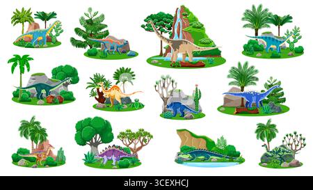 Dinosauri giurassici e personaggi dei cartoni animati. Graziosi animali preistorici personaggi vettoriali nel paesaggio naturale della giungla con montagne e alberi. dinosauri preistorici iguanodon e sarcosuchus Illustrazione Vettoriale
