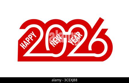 Icona felice anno nuovo 2026 per il calendario o il biglietto d'auguri delle festività invernali, tipografia vettoriale. Testo in numeri per il Capodanno 2026 in un moderno design rosso creativo minimalista e alla moda per il calendario o il saluto Illustrazione Vettoriale