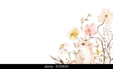 Composizione floreale ad acquerello con topo e fiori selvatici. Modello disegnato a mano per stampe da vivaio, inviti, cancelleria per bambini, pianificatori, Foto Stock