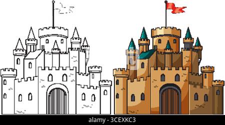 Illustrazione vettoriale di un grande castello medievale in pietra con torri multiple, cancelli ad arco e bandiere, mostrate sia a colori che in stile sagomato Illustrazione Vettoriale