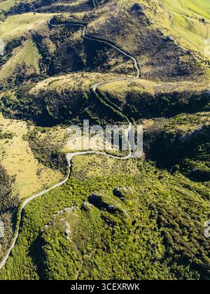 Vista aerea di una strada tortuosa che serpeggia attraverso le colline ondulate, il suo asfalto grigio che taglia un netto contrasto con le vivaci sfumature verdi e dorate del paesaggio, Akaroa, nuova Zelanda. Foto Stock