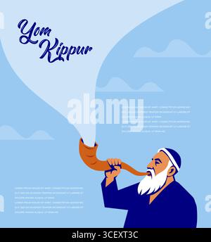 Festa ebraica Yom Kippur. Far saltare lo Shofar. Uomo in un tallith, scialle di preghiera ebraico sta soffiando il corno di montone dello shofar Illustrazione Vettoriale