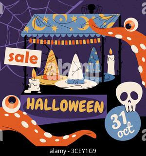 Striscione autunnale o insegna dell'offerta speciale Halloween. Pubblicità stagionale vettoriale per le vacanze horror di ottobre. Tag per lo shopping o voucher per lo sconto. Etichetta pubblicitaria e commerciale. Promozione. Illustrazione Vettoriale