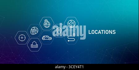 L'immagine di intestazione delle nostre posizioni delinea le icone relative alla navigazione geografica e ai viaggi per mostrare gli indirizzi degli uffici le posizioni dei negozi o la presenza globale Illustrazione Vettoriale