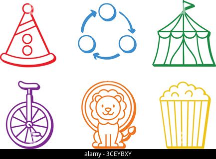 Grafica dalle linee sottili e brillanti di un cappello a cono frecce circolari tenda alta leone di monociclo in un anello e un secchio di popcorn a righe. Illustrazione Vettoriale