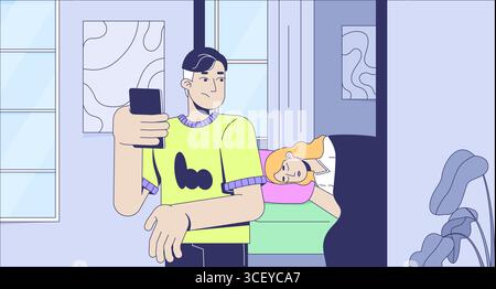 Uomo caucasico che controlla il telefono mentre la partner femminile dorme un'illustrazione piatta Illustrazione Vettoriale