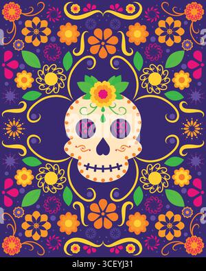 Dia de Muertos poster decorativo teschio di zucchero con fiori giorno messicano dei morti illustrazione Illustrazione Vettoriale
