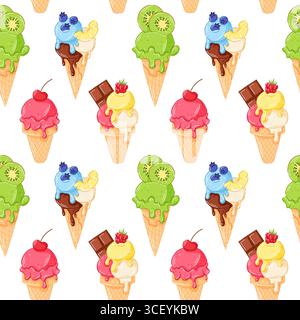 Motivo senza cuciture di colorato cono da gelato con vari gusti, frutta e condimenti. su sfondo bianco in stile cartone animato. Perfetto per il design estivo Illustrazione Vettoriale