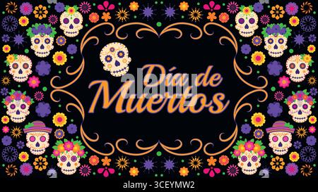 Dia de Muertos poster Sugar Skulls and Flowers giorno messicano dei morti illustrazione Illustrazione Vettoriale
