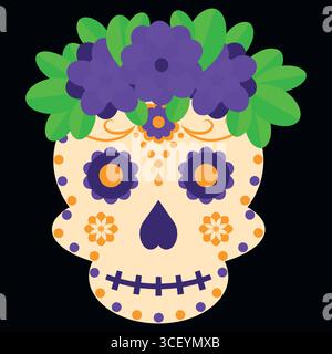 Dia de Muertos Sugar Skull with Flowers Mexican Day of the Dead Illustration Illustrazione Vettoriale