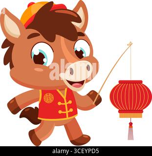 Carino personaggio del cartoni animati del Capodanno cinese che cammina con la Lanterna Rossa. Illustrazione vettoriale Flat Design isolato su sfondo trasparente Illustrazione Vettoriale