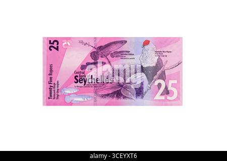 Seychelles 25 Rupees Banknote, con killifish, Blue Pigeon e Tropical Flora. Foto Stock