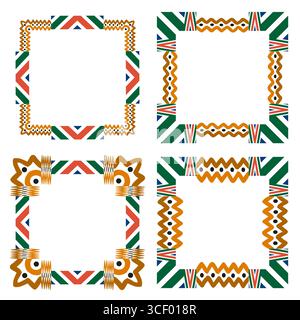 Design a zigzag ondulato. Cornici colorate e luminose. Arte astratta tribale. Illustrazione Vettoriale