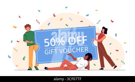 Persone con una grande carta regalo. Gruppo di amici con buoni grandi, banner sconto e saldi, personaggi felici con coupon, certificato pubblicitario cartoni animati in stile piatto Illustrazione Vettoriale