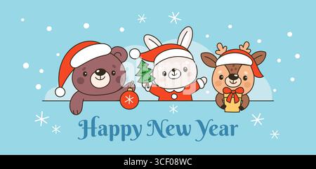 Poster di natale degli animali sbircianti. Felice benvenuto di anno nuovo, piccolo orso carino, coniglietto e cervo nei cappelli di babbo natale, tessera per bambini, albero di Natale e cartone animato presente Illustrazione Vettoriale