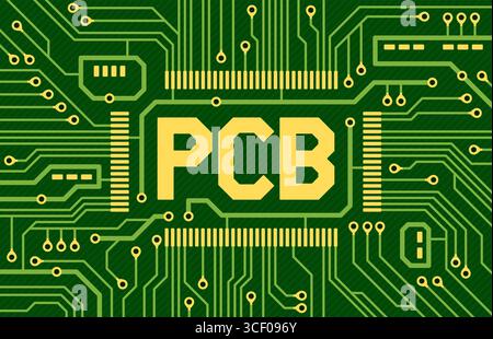Testo elemento PCB. Iscrizione in stile hi-tech, scheda a circuito elettronico, touchpad, linee astratte, sfondo digitale, sfondo verde con sistema elettrico Illustrazione Vettoriale