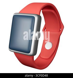 Orologio intelligente in acciaio realistico con cinturino rosso isolato su sfondo bianco. Concetto di inseguitore di fitness e salute del dispositivo indossabile. Illustrazione vettoriale Illustrazione Vettoriale