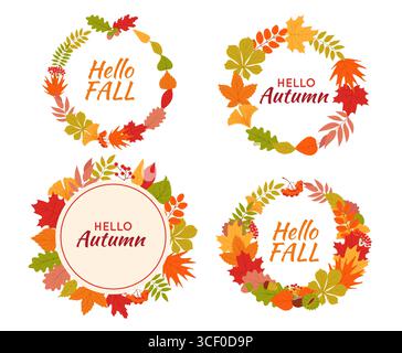 L'autunno lascia cornici rotonde. Graziose corone autunnali, elementi decorativi a forma di fogliame circolare, design accogliente con piante, carte e poster Illustrazione Vettoriale