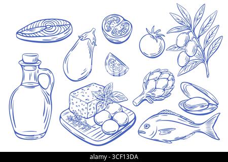 Set vettoriale di cibi mediterranei tra cui pesce, formaggio, olio d'oliva, verdure ed erbe aromatiche, disegnati con linee blu monocromatiche. Illustrazione Vettoriale
