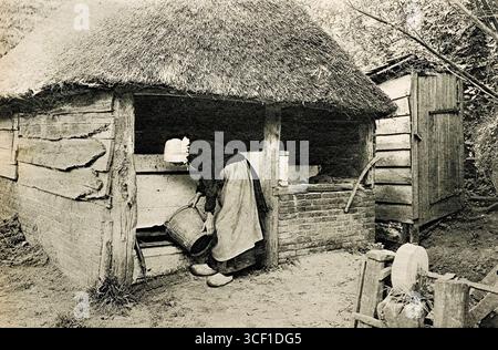 La moglie di un contadino dà da mangiare ai maiali accanto a un porcile in una fattoria del Brabante. Una pietra per affilatura è posizionata in primo piano. Ottobre 1915. Foto Stock