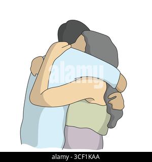 la donna abbraccia il vettore di illustrazione del suo fidanzato disegnato a mano con linee nere isolate su sfondo bianco. Illustrazione Vettoriale