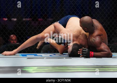 Las Vegas, Nevada, Stati Uniti. 19 agosto 2025. LAS VEGAS, NV - 19 agosto: Brandon Holmes e Cam Rowston si incontrano nell'ottagono per un incontro di 3 round a UFC Apex per UFC - DWCS - Dana White Contender Series EP. 2 il 19 agosto 2025 a Las Vegas, Nevada, Stati Uniti. (Foto di Louis Grasse/PxImages) credito: PX Images/Alamy Live News Foto Stock