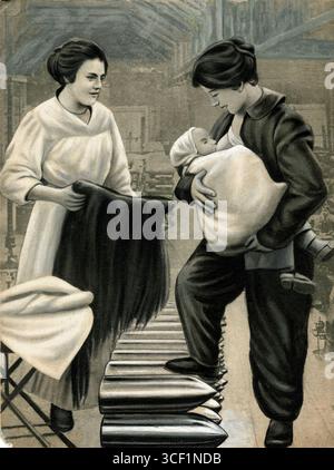 Un'illustrazione del 1917 della rivista francese "J'ai vu" che raffigura i "Deux devoirs" (doppi doveri) delle donne francesi durante la prima guerra mondiale: Maternità e lavoro nell'industria delle munizioni, mostrando una donna che allatta al seno mentre sta in piedi su proiettili di artiglieria. Foto Stock