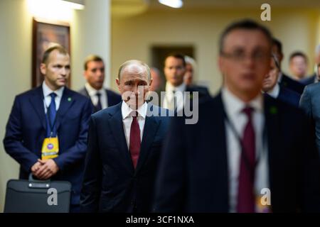 ANCHORAGE, ALASKA, USA - 15 agosto 2025 - il presidente degli Stati Uniti Donald Trump incontra il presidente russo Vladimir Putin presso la base congiunta Elmendorf Richardson in Foto Stock