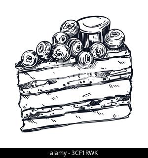 Una torta con frutti di bosco, mirtilli e marshmallow, disegnata a mano con inchiostro e tradotta in vettore. Illustrazione vettoriale per la stampa sulla confezione di Illustrazione Vettoriale