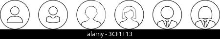 Set di icone riga avatar profilo utente arrotondato. Icone umane del riquadro circolare per la raccolta di simboli di interfaccia, profilo delle facce maschio e femmina. Tratto modificabile Illustrazione Vettoriale