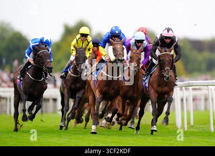 Corridori e piloti si sfidano nello Sky Bet Stayers handicap il primo giorno dello Sky Bet Ebor Festival 2025 all'ippodromo di York. Data foto: Mercoledì 20 agosto 2025. Foto Stock