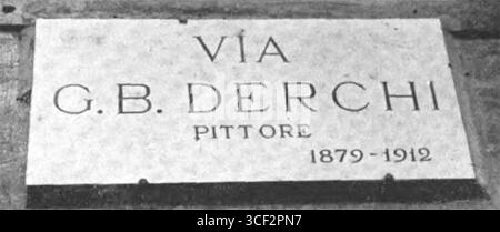 Una targa di strada a Genova, in Italia, in commemorazione del pittore italiano Giovanni Battista Derchi, situata in una strada in suo onore. Foto Stock