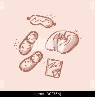 Set di accessori per dormire da viaggio per riposare con maschera per il sonno per occhi, lenzuola, pantofole, cuscino per collo disegnato in stile grafico su sfondo beige Illustrazione Vettoriale