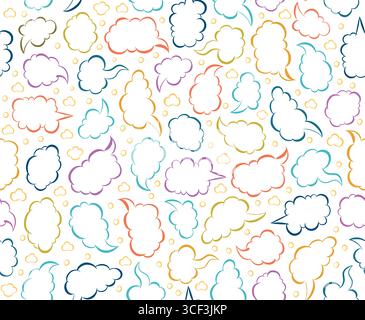 Coloratissimo pastello con bolle vocali motivo senza cuciture. Simpatiche bolle di voce nuvola. Messaggi di nuvole pastello. Motivo vettoriale a colori senza cuciture. Illustrazione Vettoriale