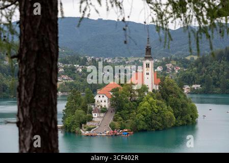 Lago di Bled nel nord-ovest della Slovenia con la famosa chiesa dell'assunzione della Vergine Maria, Bled, regione dell'alta Carniola (Gorenjska), Slovenia Foto Stock