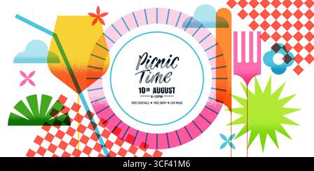 Sfondo picnic vettoriale con composizione geometrica astratta di bicchiere da vino, piatto, forchetta, coltello e tovaglia. Design moderno per feste estive Illustrazione Vettoriale