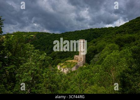 Paesaggio intorno al Löwenburg, splendide rovine storiche del castello sull'Elzbach nel mezzo della foresta, foto del paesaggio vicino a Monreal, Germania Foto Stock