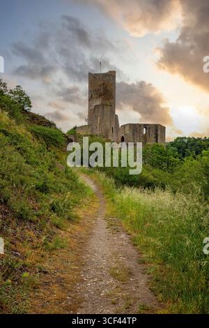 Paesaggio intorno al Löwenburg, splendide rovine storiche del castello sull'Elzbach nel mezzo della foresta, foto del paesaggio vicino a Monreal, Germania Foto Stock