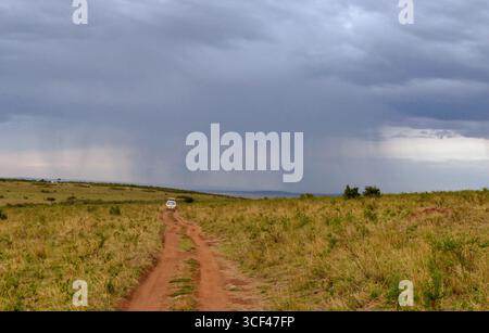 Strada sterrata rossa naturale nella riserva naturale di Masai Mara con un bus safari all'orizzonte e grandi nuvole di pioggia tempestose Foto Stock
