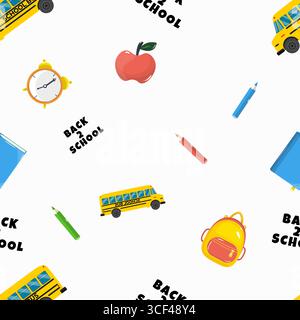 Modello Back to School senza cuciture con autobus giallo, libri, matite, zaino, orologio, e mela. Divertente design educativo su sfondo bianco, perfetto per bambini, classe o cancelleria. Vettore. Illustrazione Vettoriale