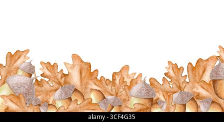 Cornice autunnale acquerello fatta di ghiande e foglie di quercia. Disegnato a mano. Isolato su sfondo bianco. Per la progettazione, stampa. Foto Stock